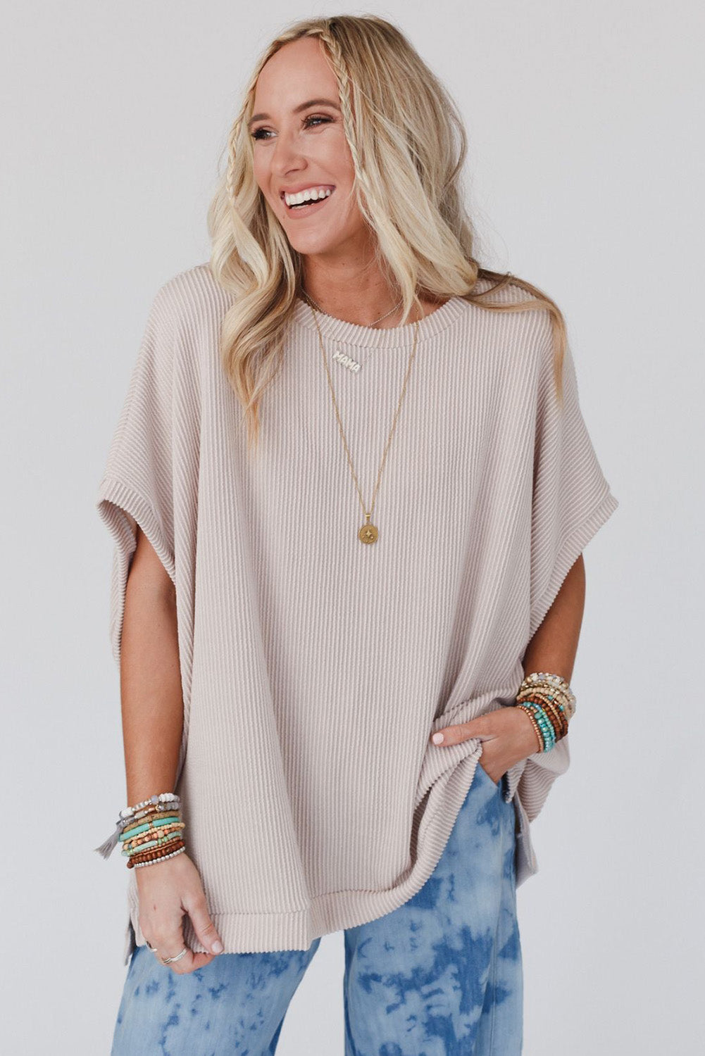 Apricot Ribbed Knit Batwing Sleeve Tunic Oversized T Shirt