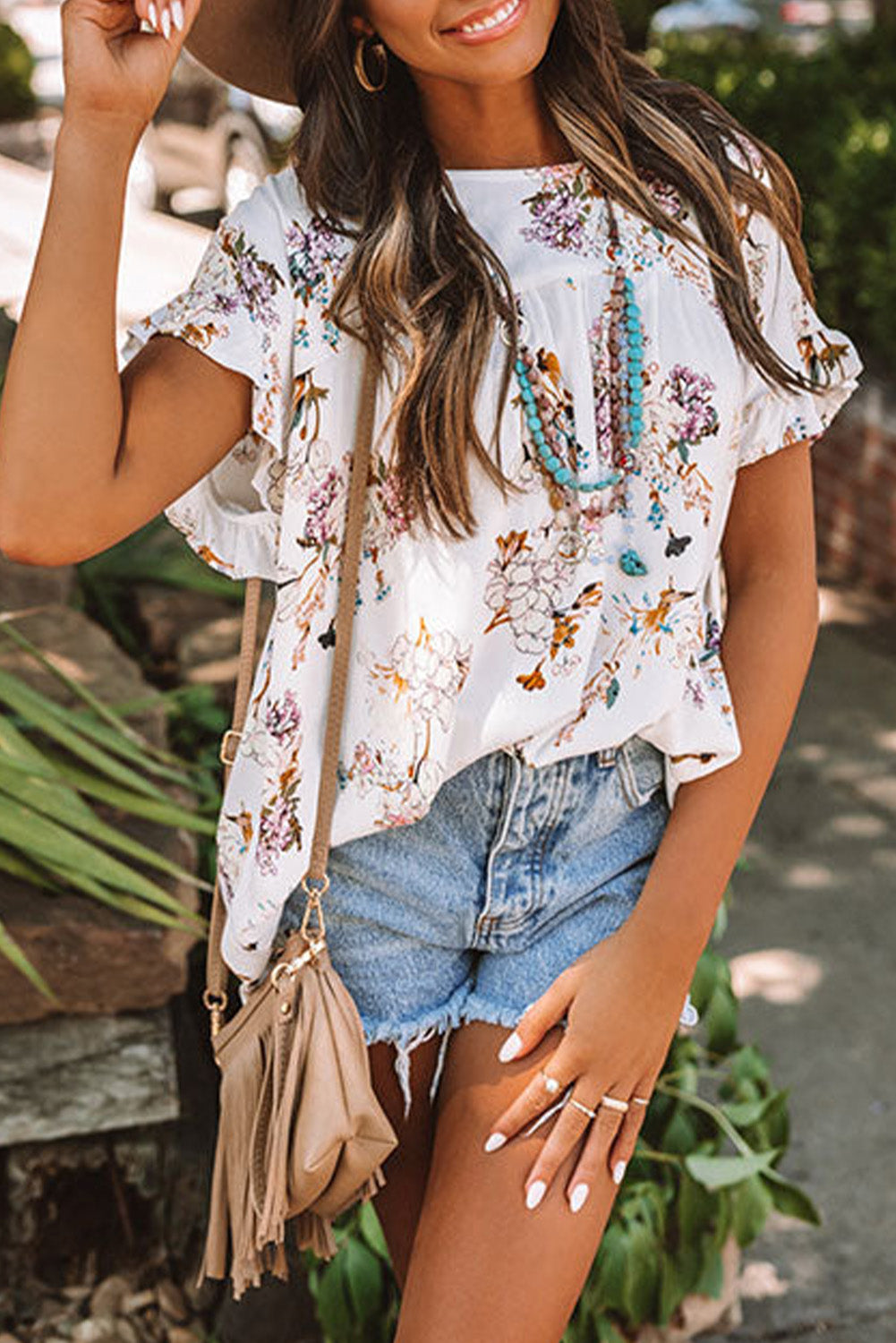 White Floral Ruffled Short Sleeve Back Knot Blouse