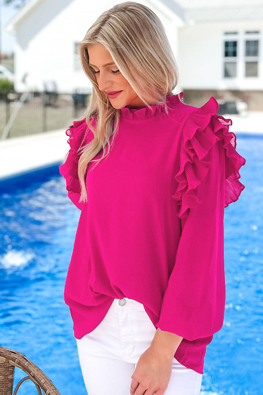 Rose Button Keyhole Back Pleated Ruffle Trim Blouse