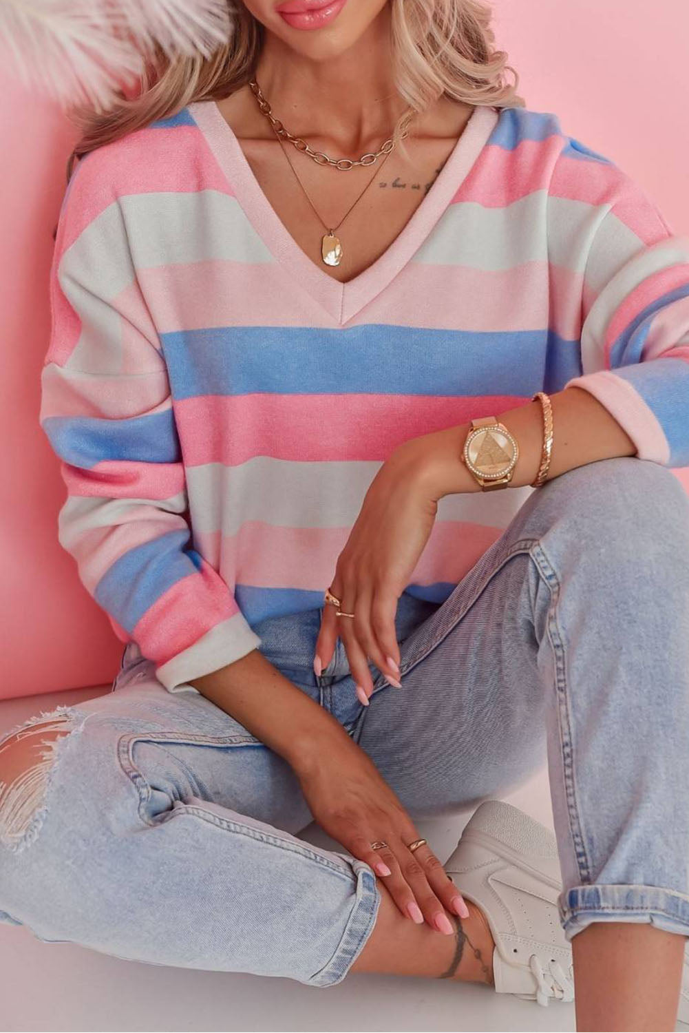 Pink Contrast Striped V Neck Long Sleeve Top