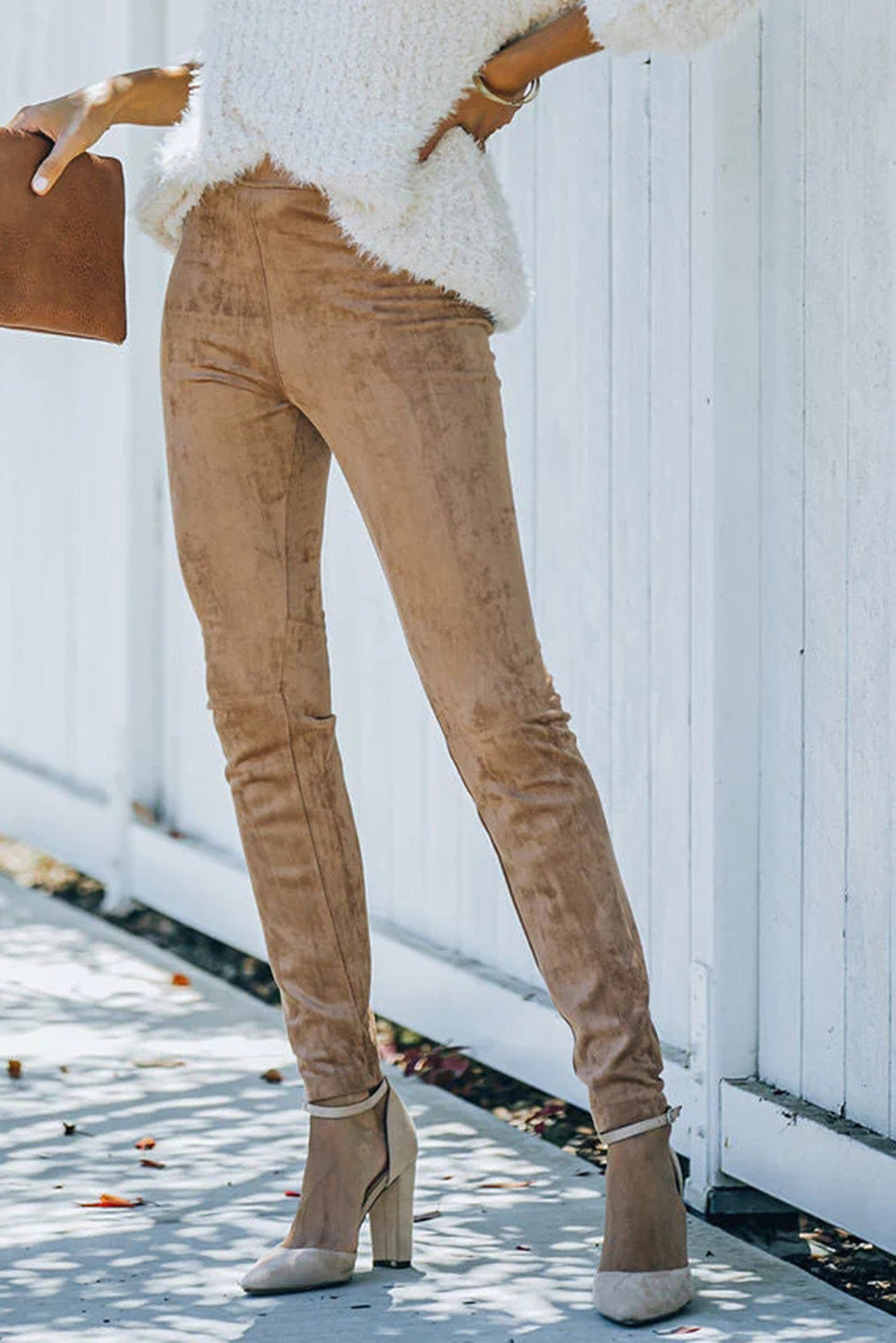 Khaki High Waist Faux Suede Skinny Leggings