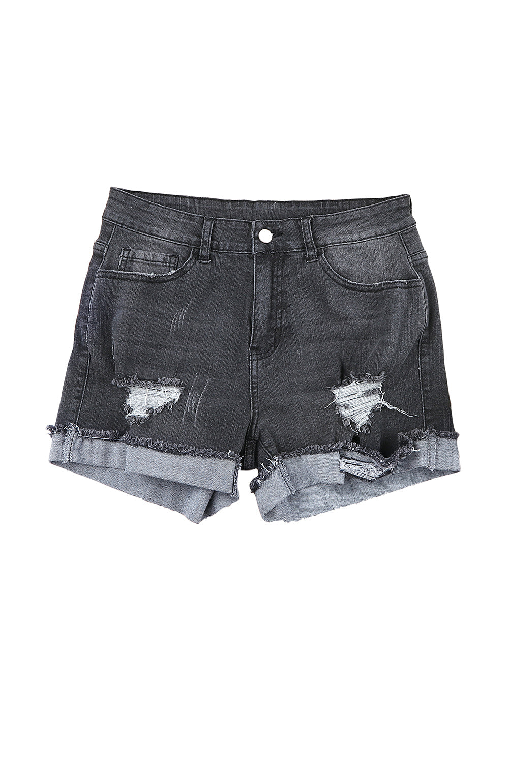 Distressed Ripped Rolled Hem Black Denim Shorts