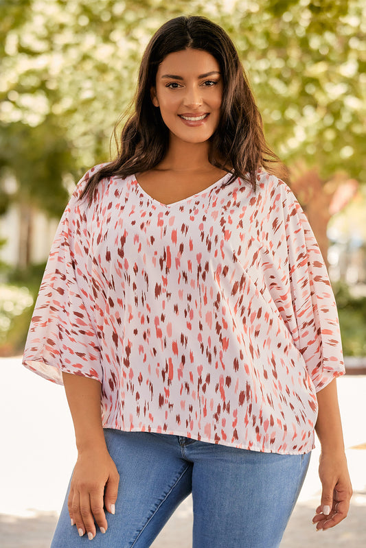 Pink Printed 3/4 Dolman Sleeve Plus Size Blouse