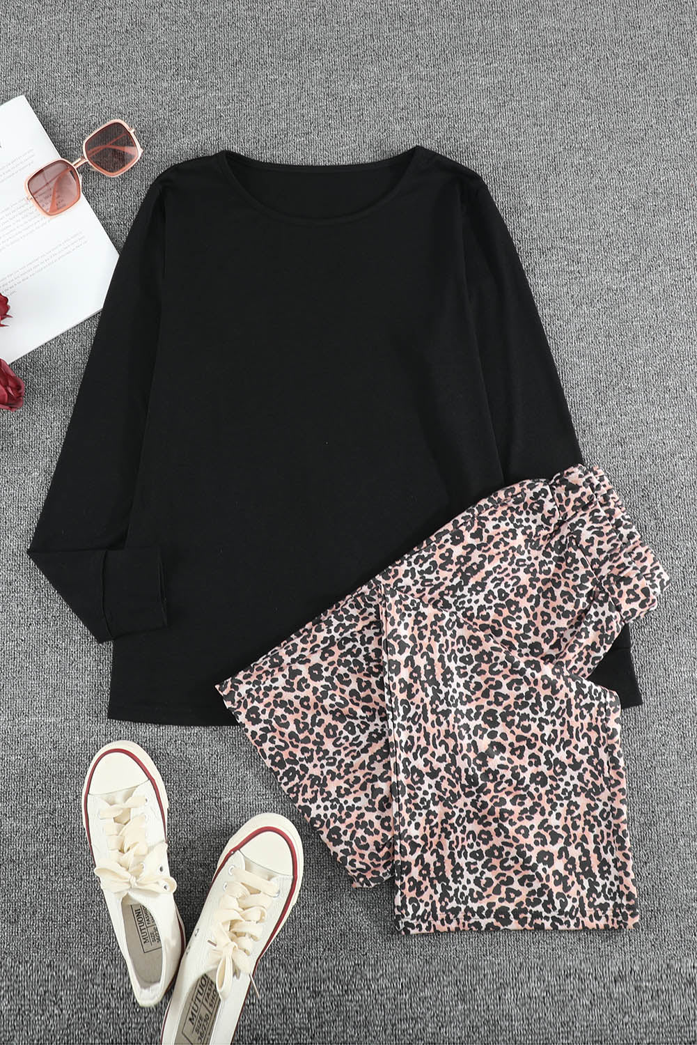 Long Sleeve Top and Leopard Print Pants Lounge Set