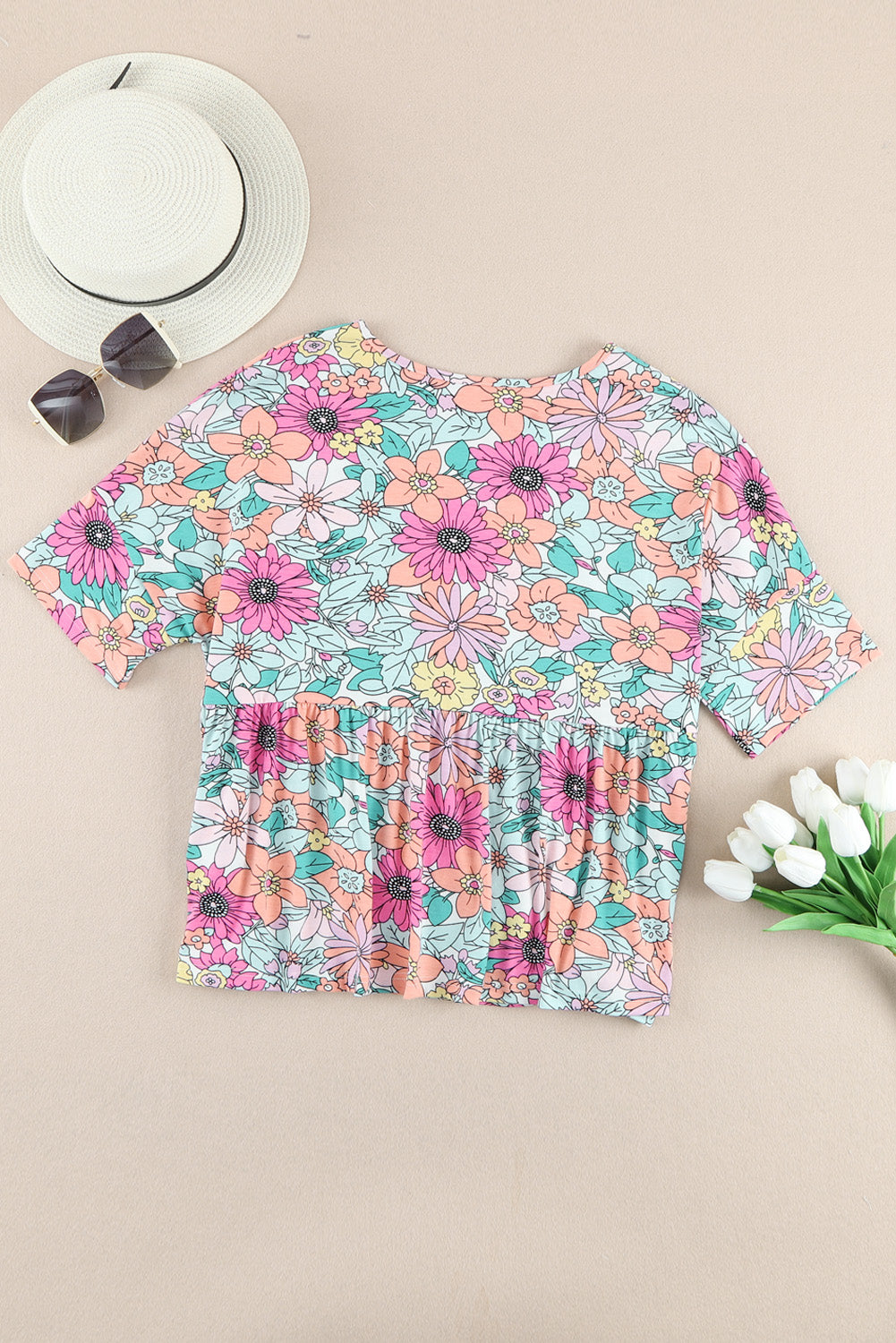 Multicolor Bohemian Flower Print Flowy Short Sleeve Top