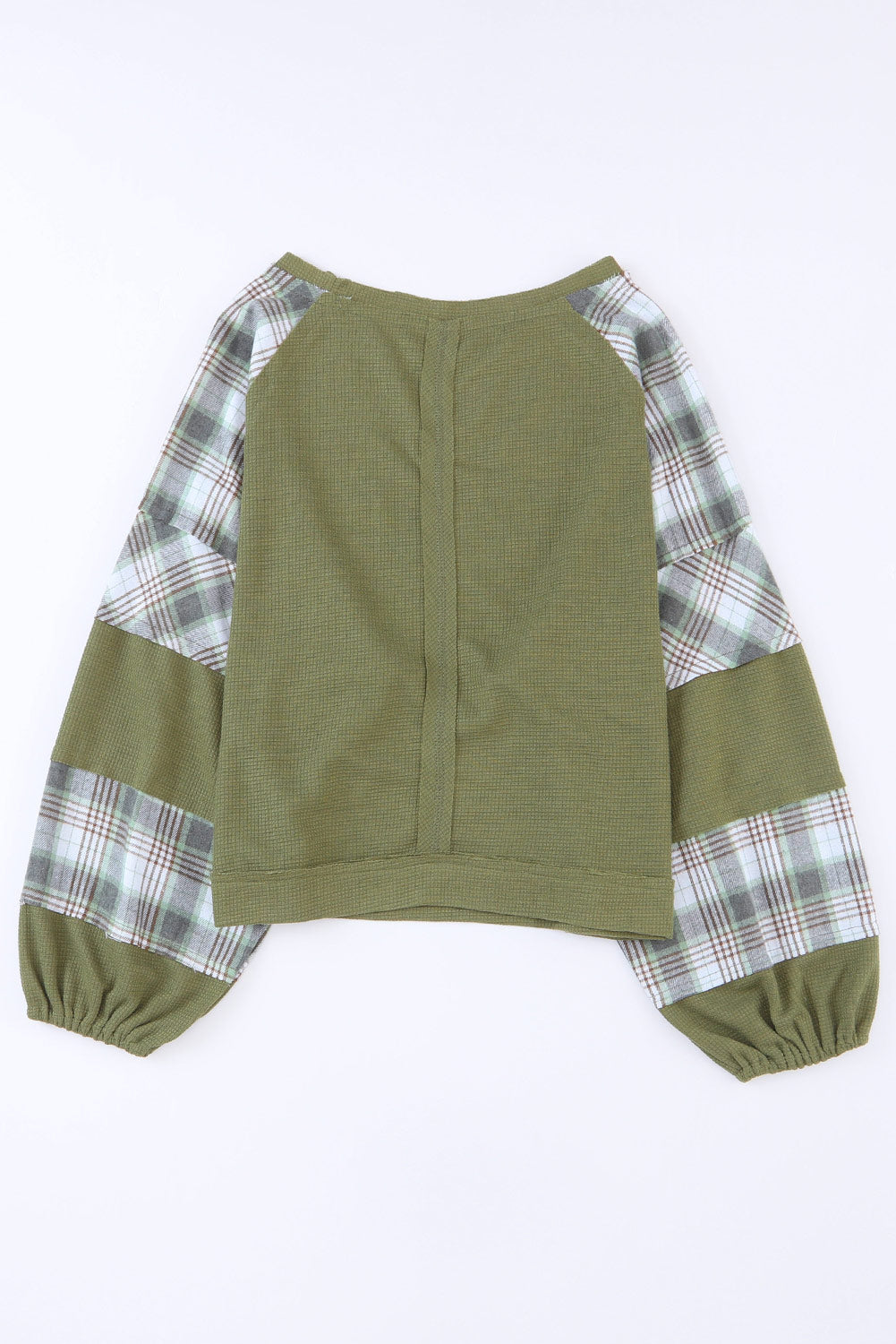 Green Plaid Patch Waffle Knit Exposed Seam Bubble Sleeve Top