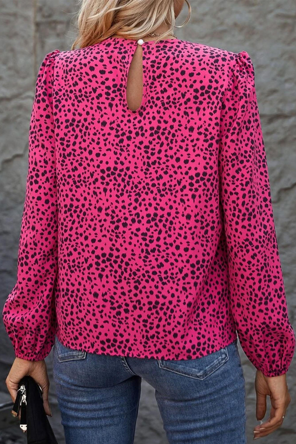 Rose Leopard Print Pleated Blouse with Keyhole