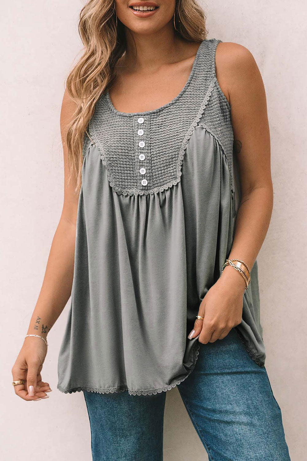 Gray Thermal Knit Panel Babydoll Tank Top