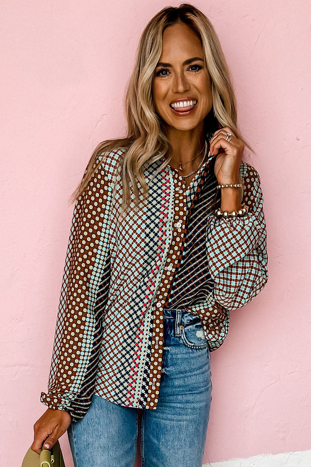 Brown Dot Print Long Sleeve Button Down Shift Shirt