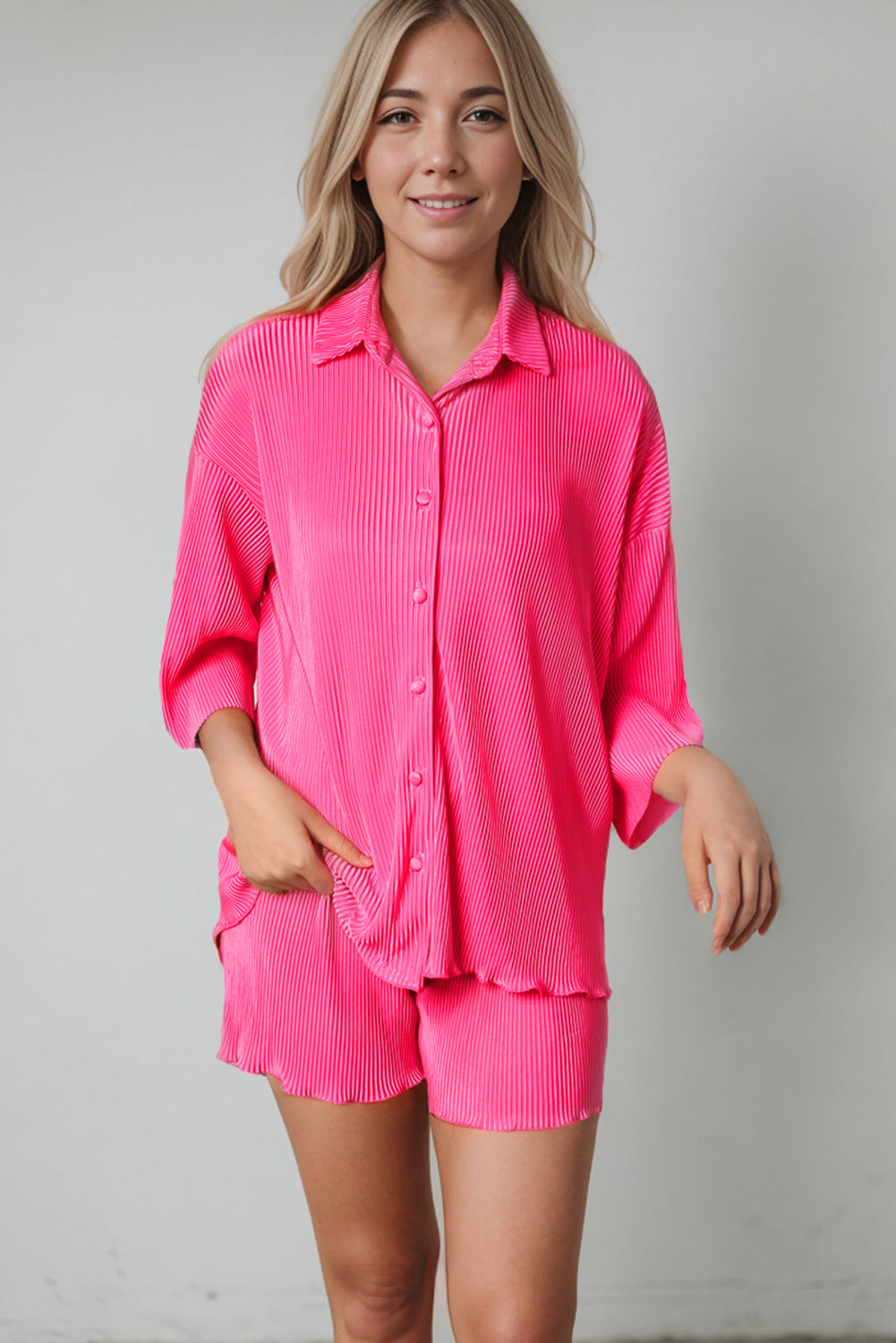 Rose 3/4 Sleeves Pleated Shirt and High Waist Shorts Lounge Set