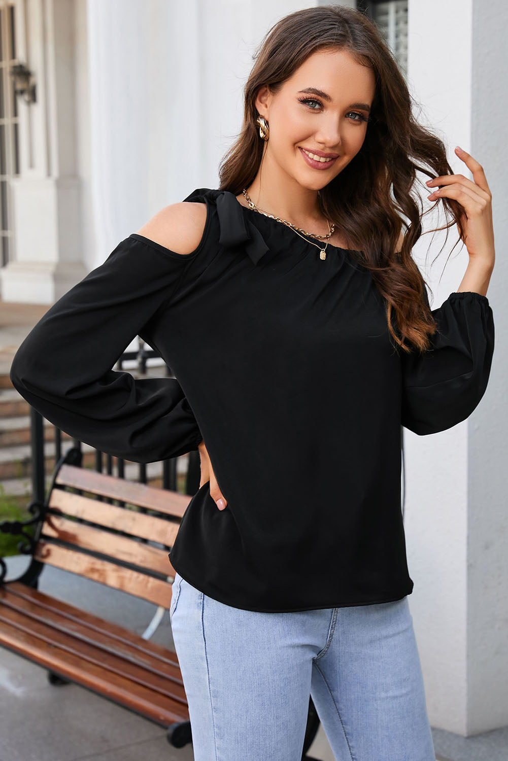 Black Knotted Asymmetric Off Shoulder Blouse