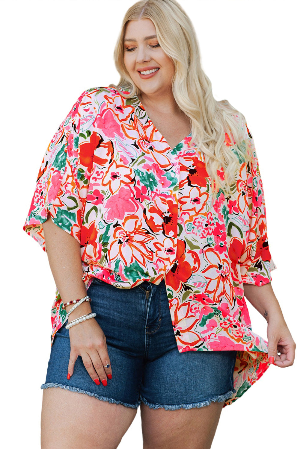 Rose Plus Size Floral Print Kimono Sleeve Shirt