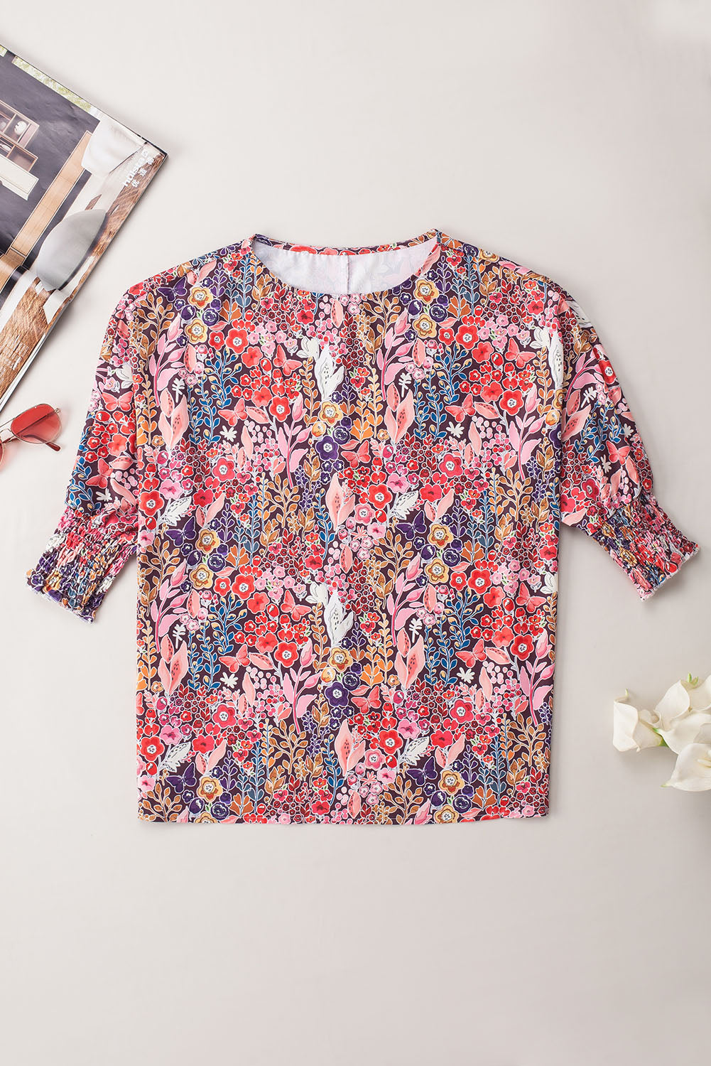 Multicolor Floral Print Shirred 3/4 Sleeve Tunic Blouse