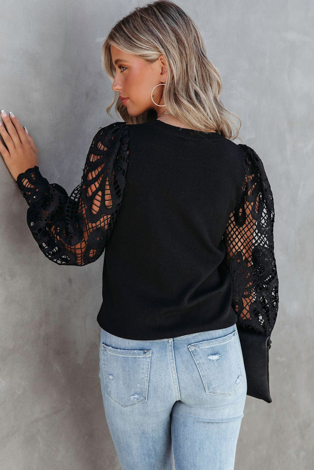 Black Crochet Sleeve Crew Neck Blouse