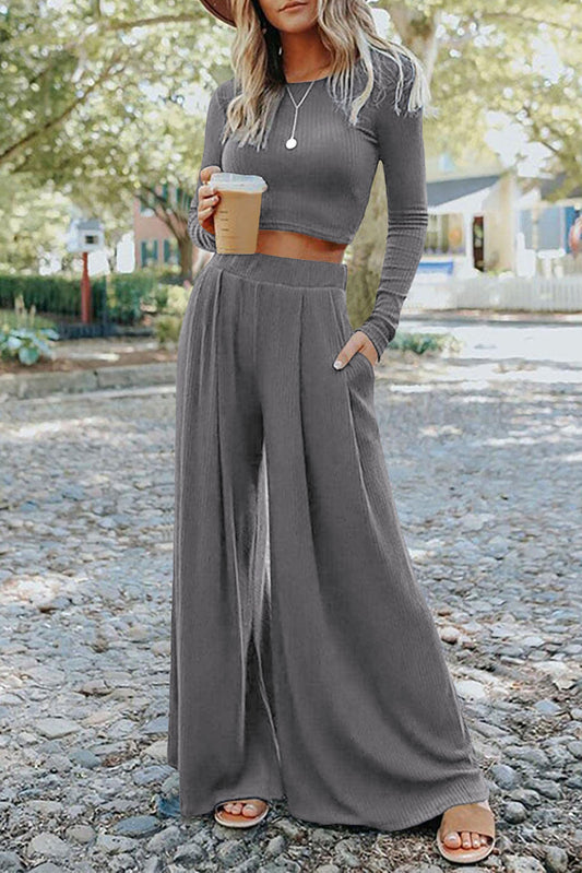 Gray Solid Color Ribbed Crop Top Long Pants Set