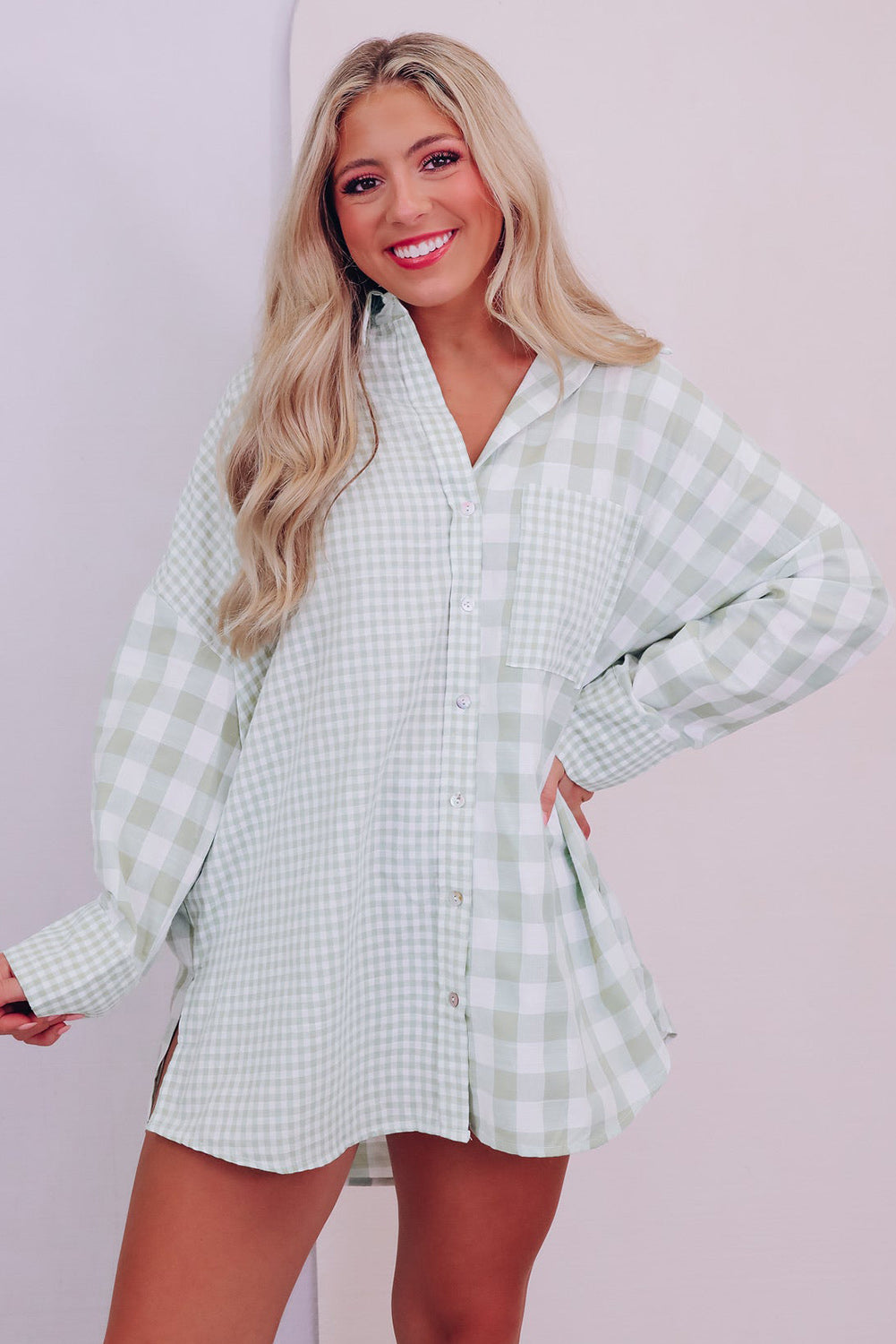 Green Mix Checked Patchwork Long Sleeve Shirt