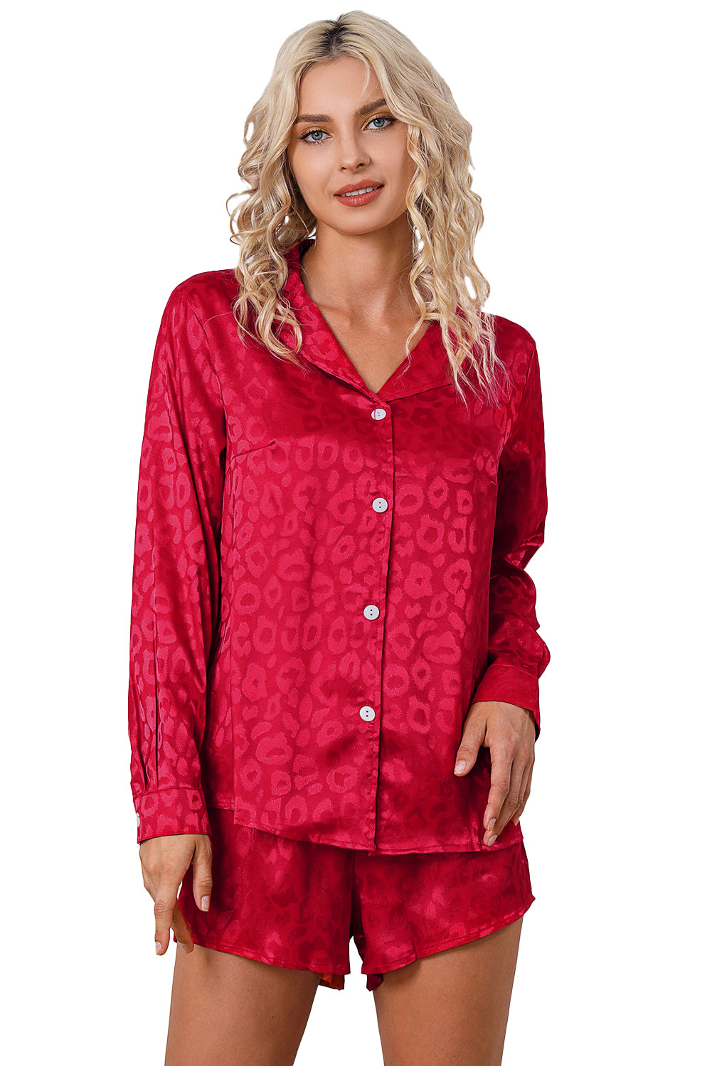 Red 2pcs Satin Leopard Long Sleeve Top and Shorts Lounge Set