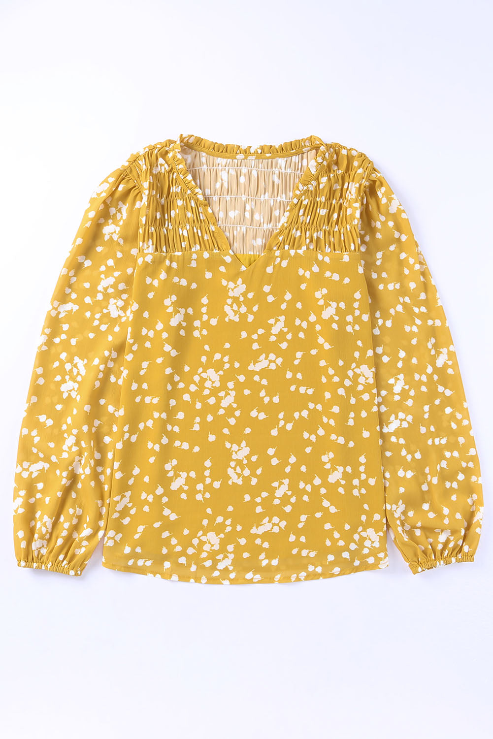 Yellow Split Neck Fall Printed Crinkled Blouse