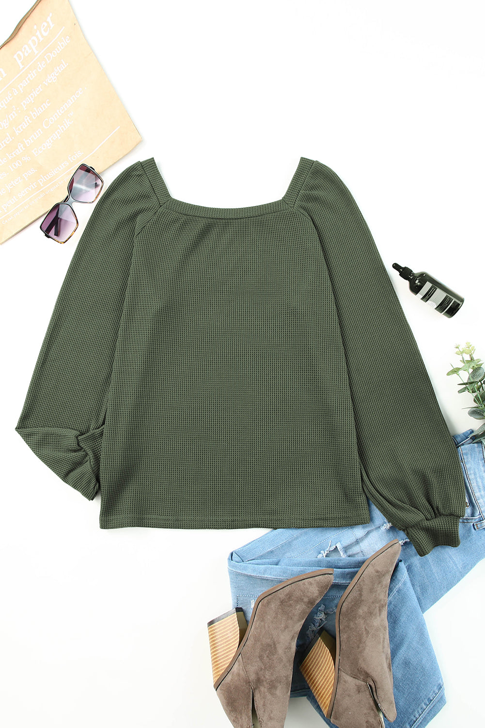 Green Scoop Neck Puff Sleeve Waffle Knit Top