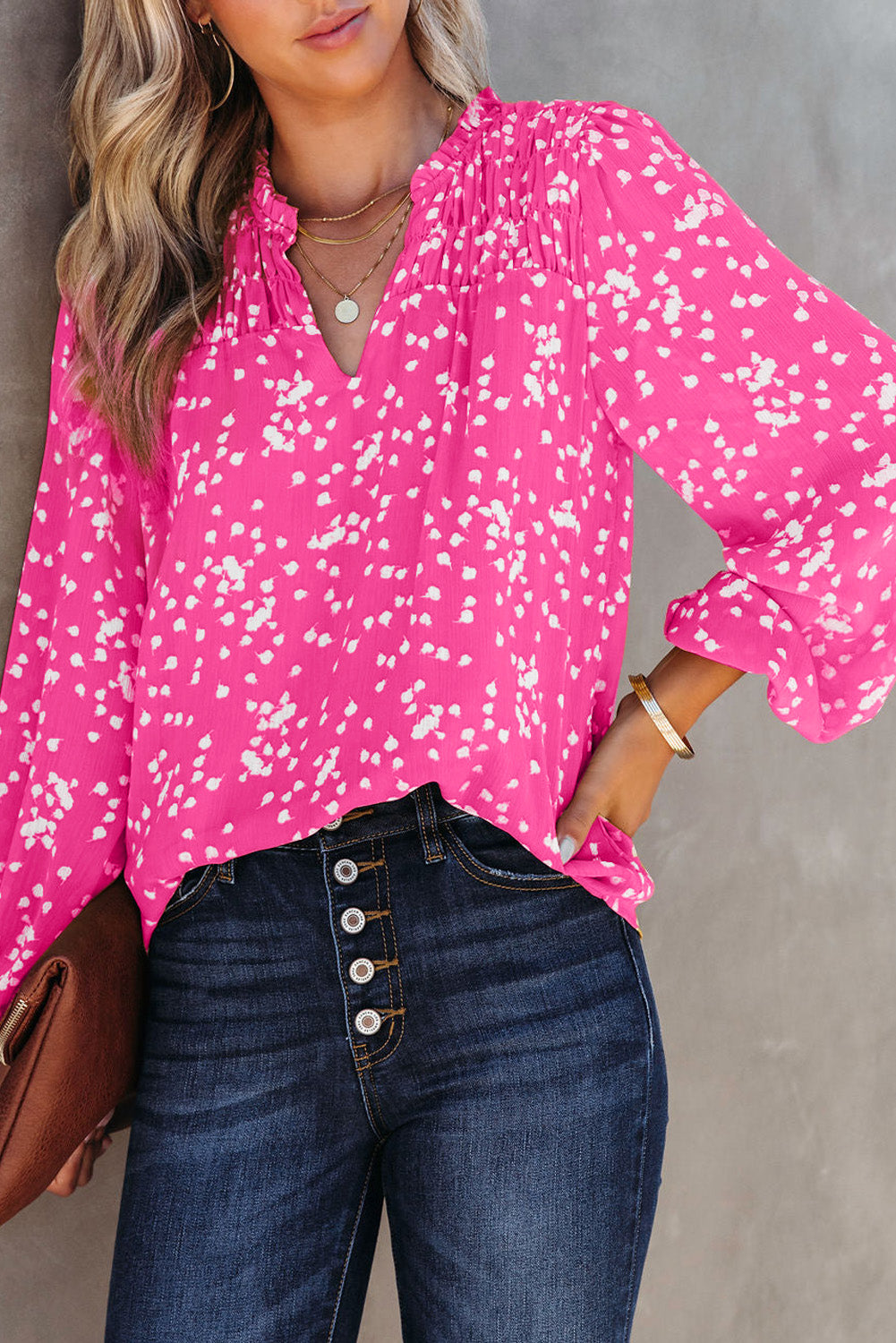 Pink Split Neck Fall Printed Crinkled Blouse