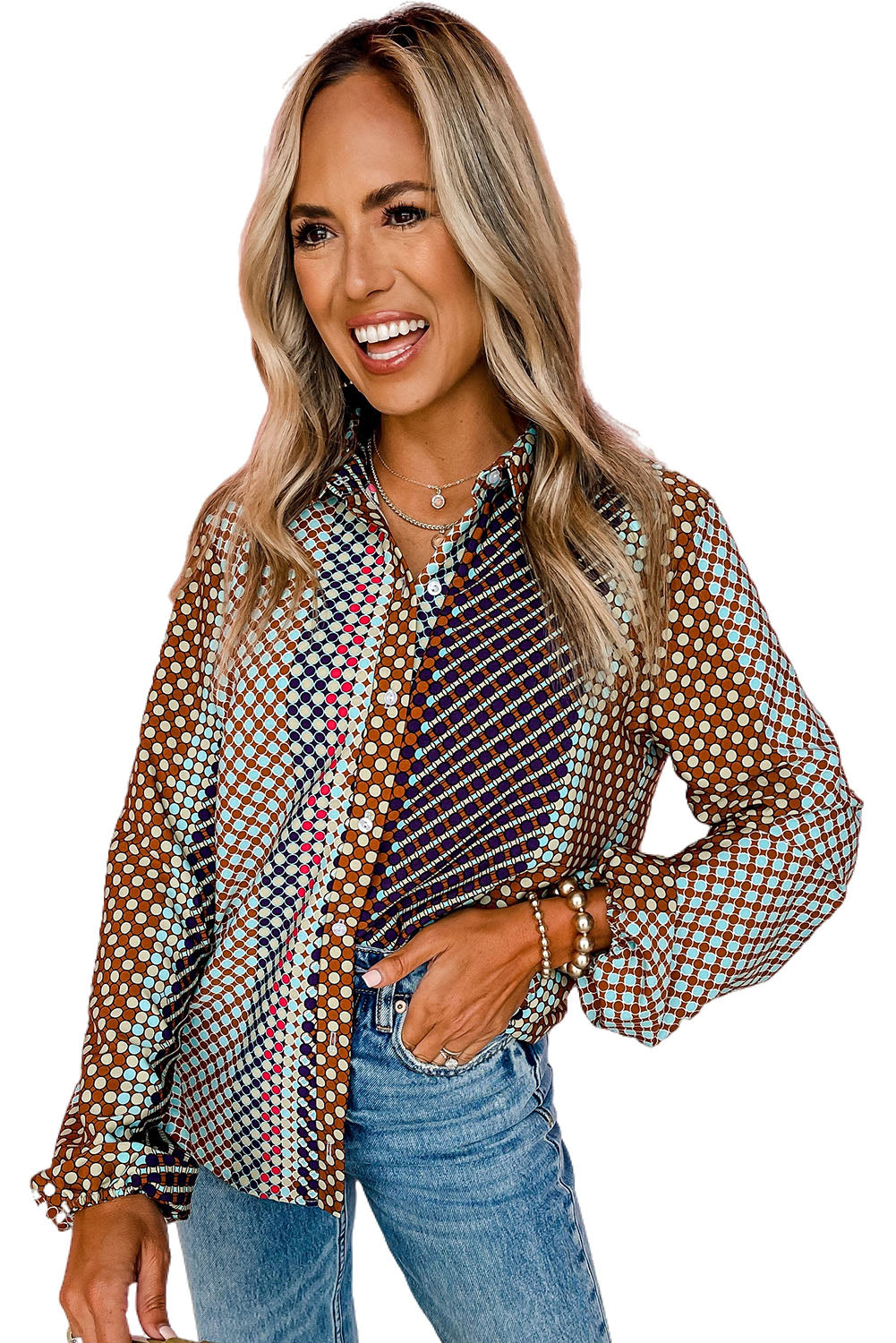 Brown Dot Print Long Sleeve Button Down Shift Shirt