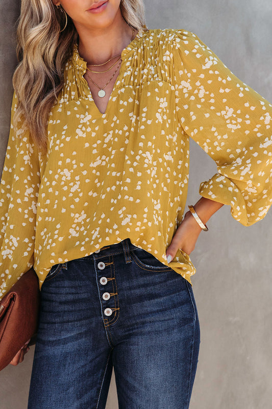 Yellow Split Neck Fall Printed Crinkled Blouse