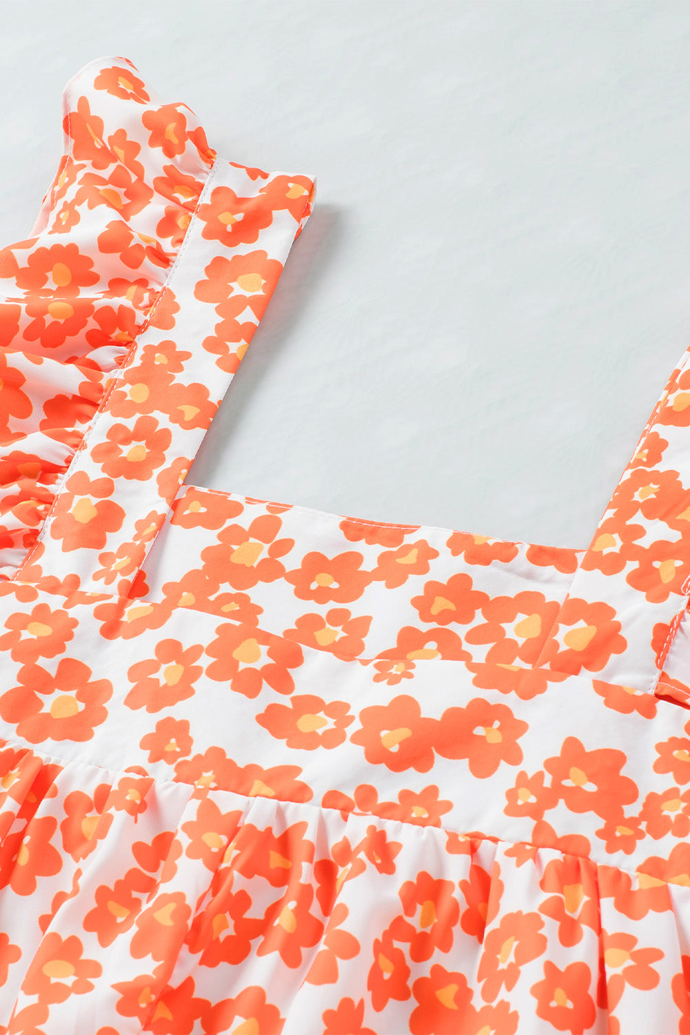 Orange Floral Print Square Neck Ruffle Tank Top