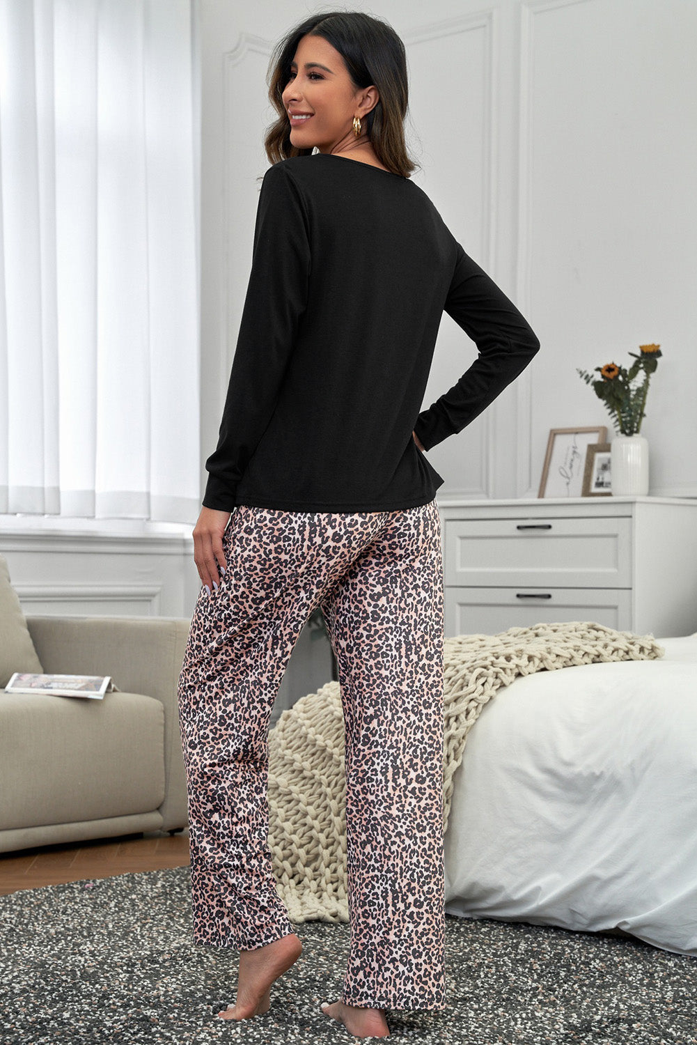 Long Sleeve Top and Leopard Print Pants Lounge Set