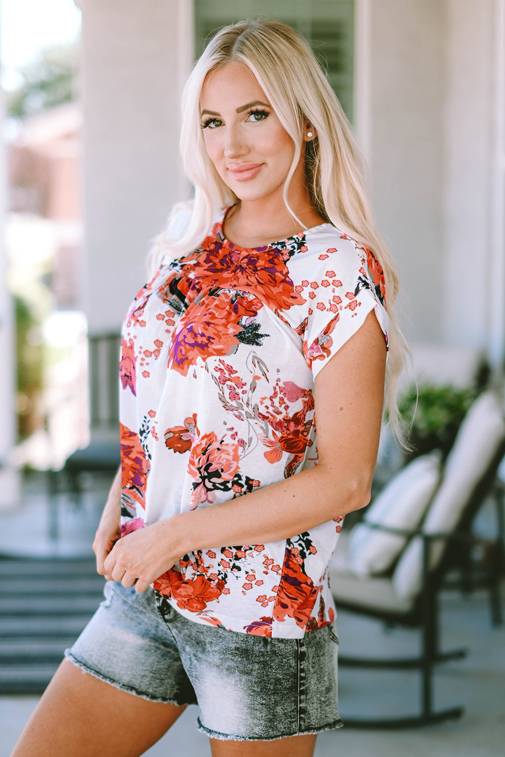 Red Floral Short Sleeve Round Neck Blouse