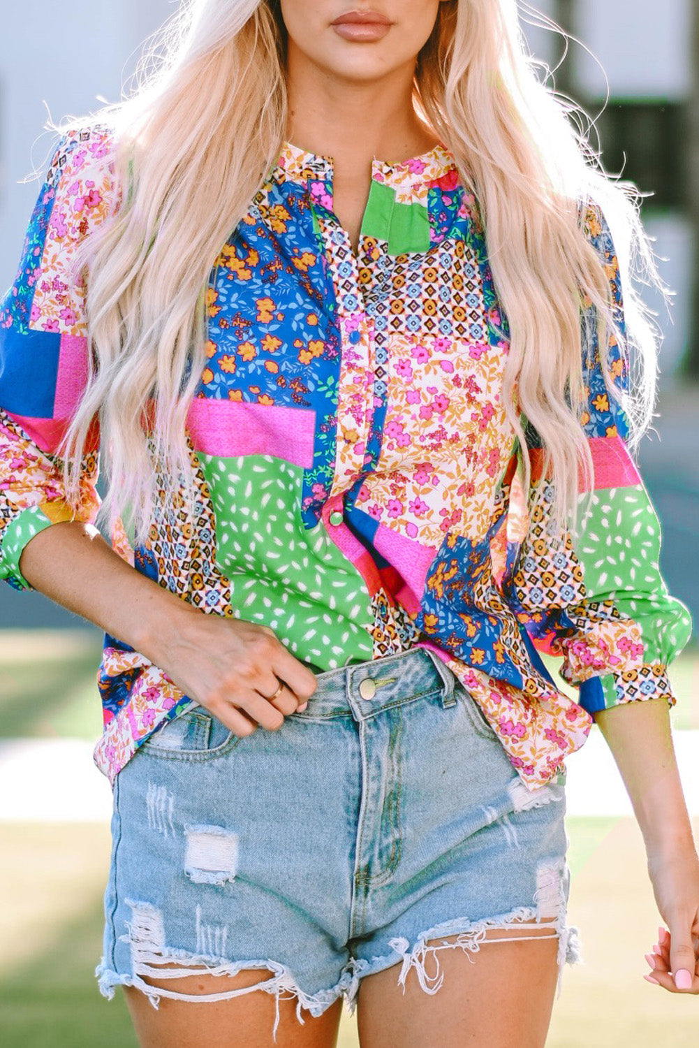 Multicolor Floral Patchwork Print Buttoned Puff Sleeve Shirt