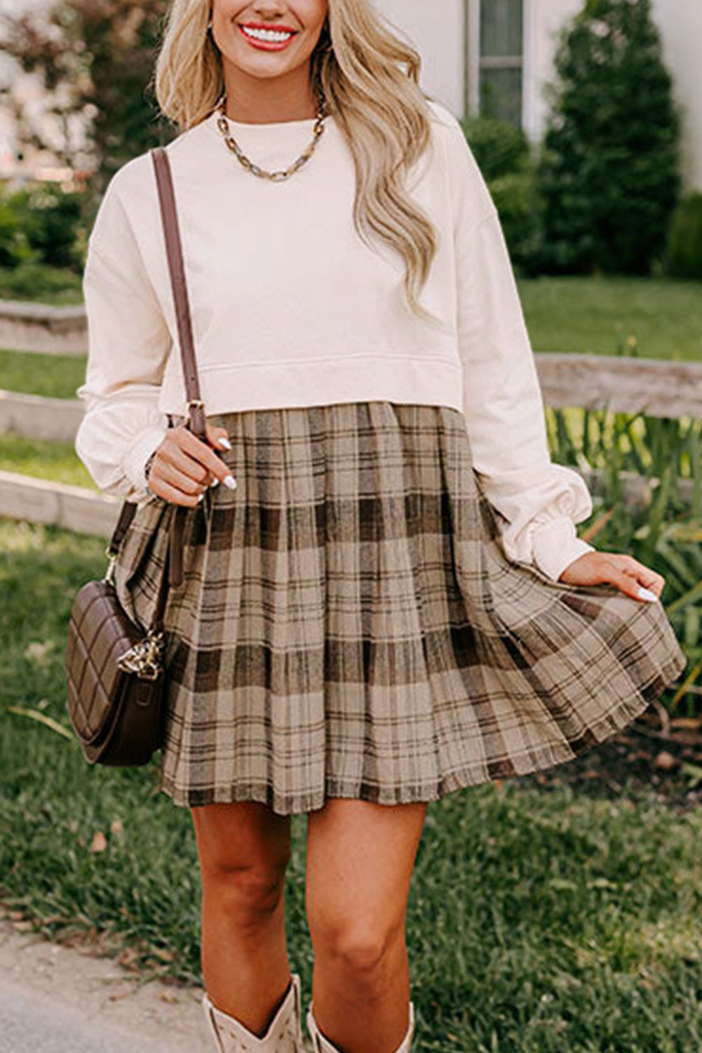 Beige Plaid Sweatshirt Mini Dress