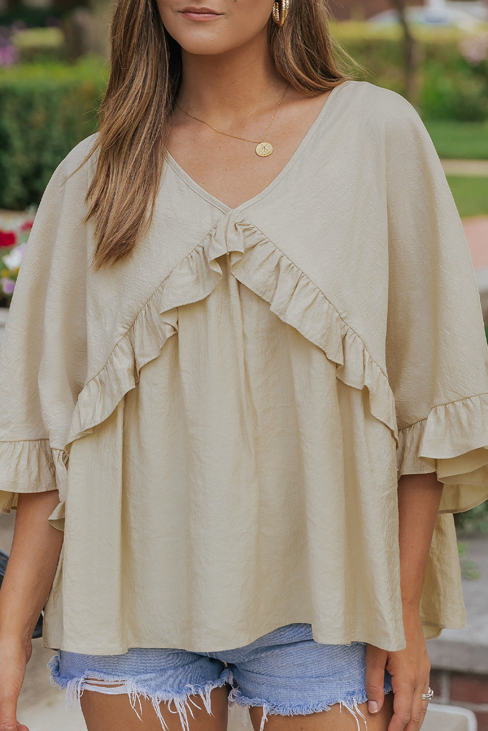 Apricot V Neck Draped Batwing Sleeve Ruffle Top