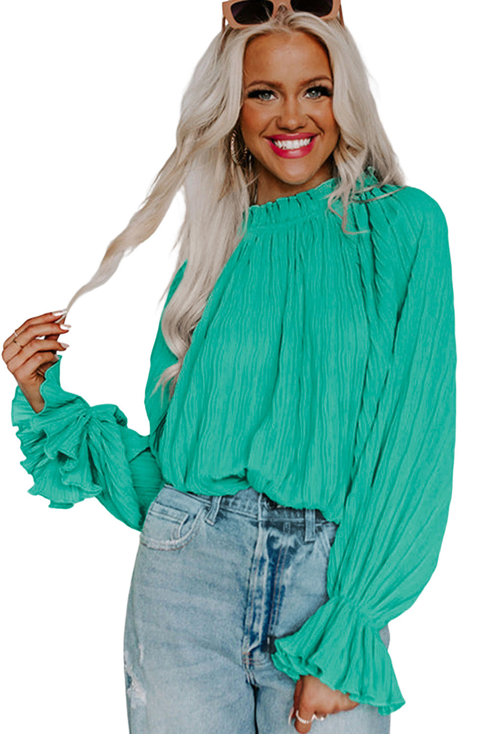 Green Striking Pleated Flared Cuff Long Sleeve Blouse