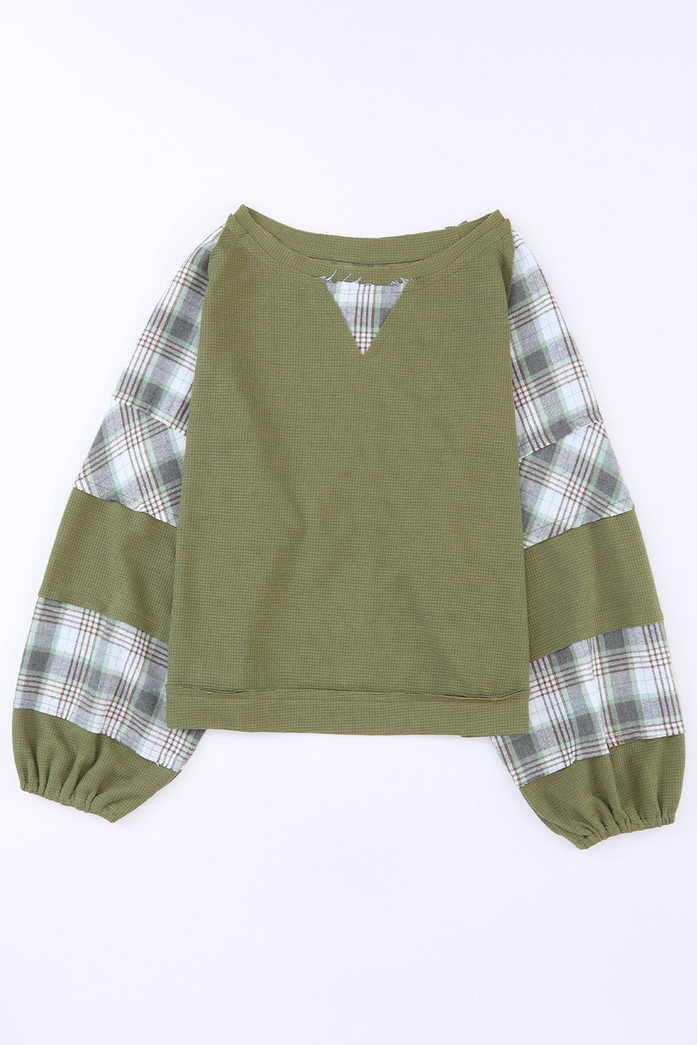 Green Plaid Patch Waffle Knit Exposed Seam Bubble Sleeve Top