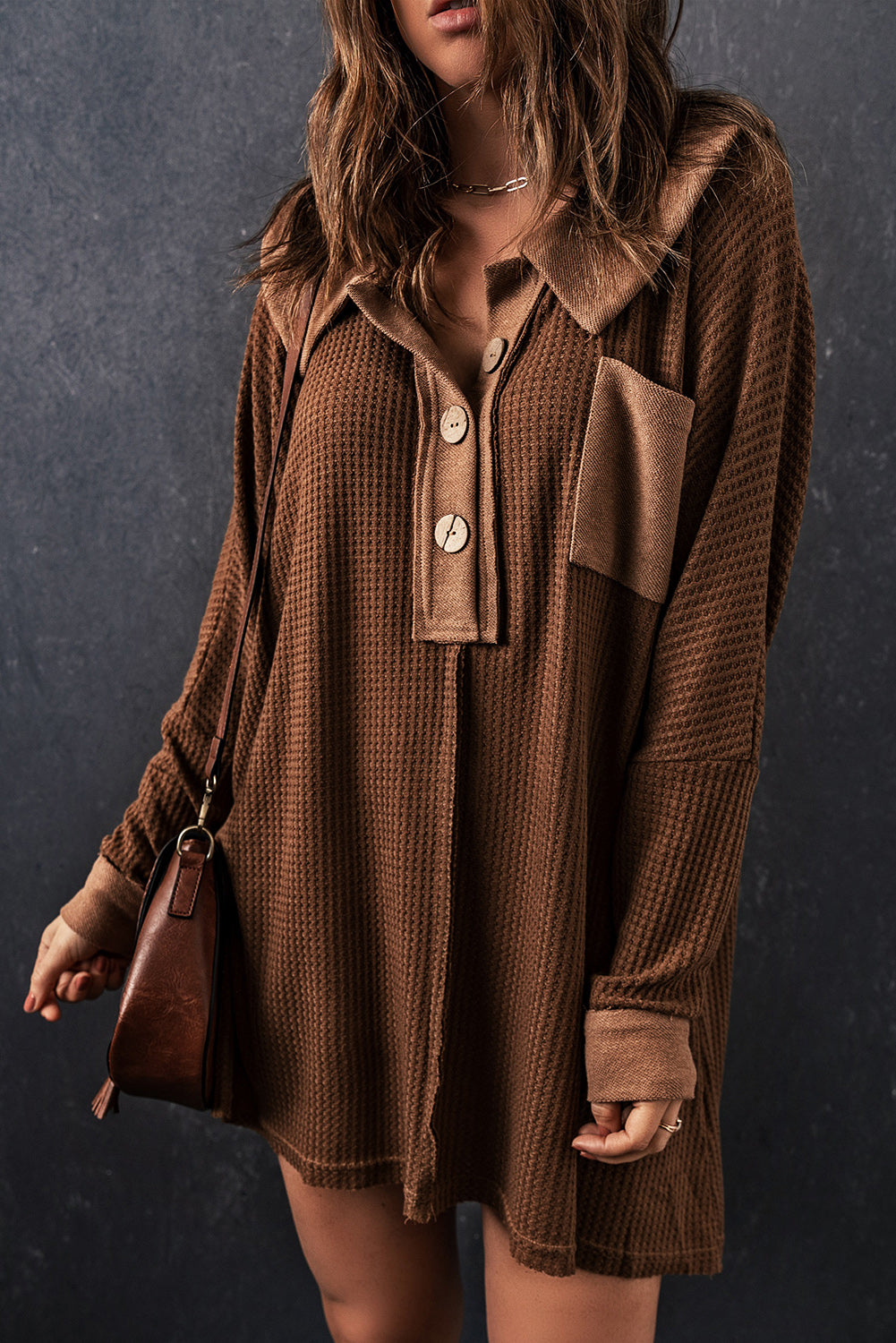 Brown Waffle Knit Buttoned Long Sleeve Top