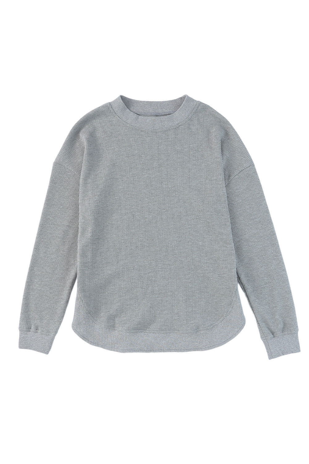 Gray Crew Neck Ribbed Trim Waffle Knit Top