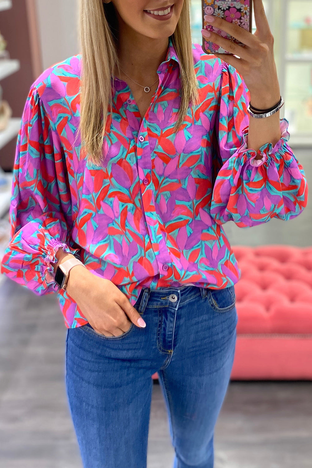 Multicolor Abstract Floral Button Up Long Puff Sleeve Shirt