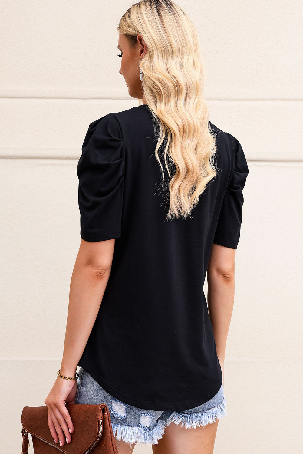 Black Puff Sleeve V-Neck T-Shirt