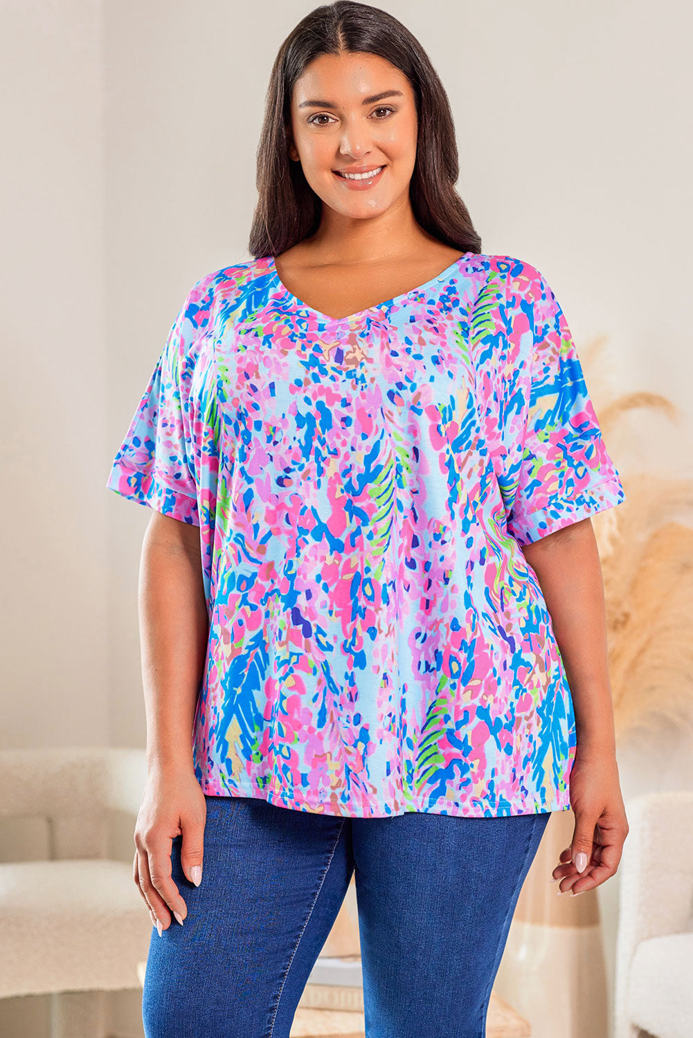 Sky Blue Plus Size Plant Print V Neck T-shirt