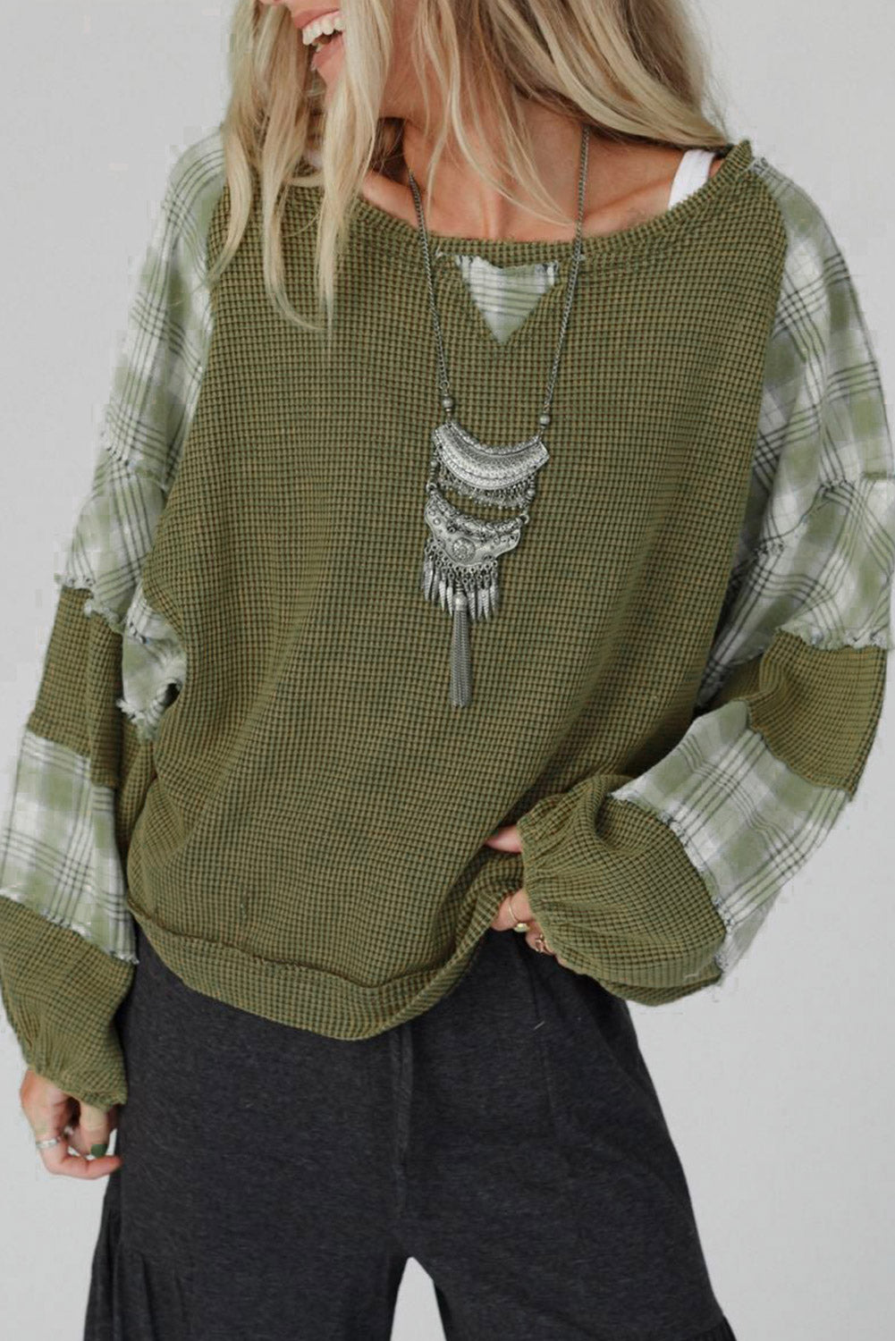 Green Plaid Patch Waffle Knit Exposed Seam Bubble Sleeve Top