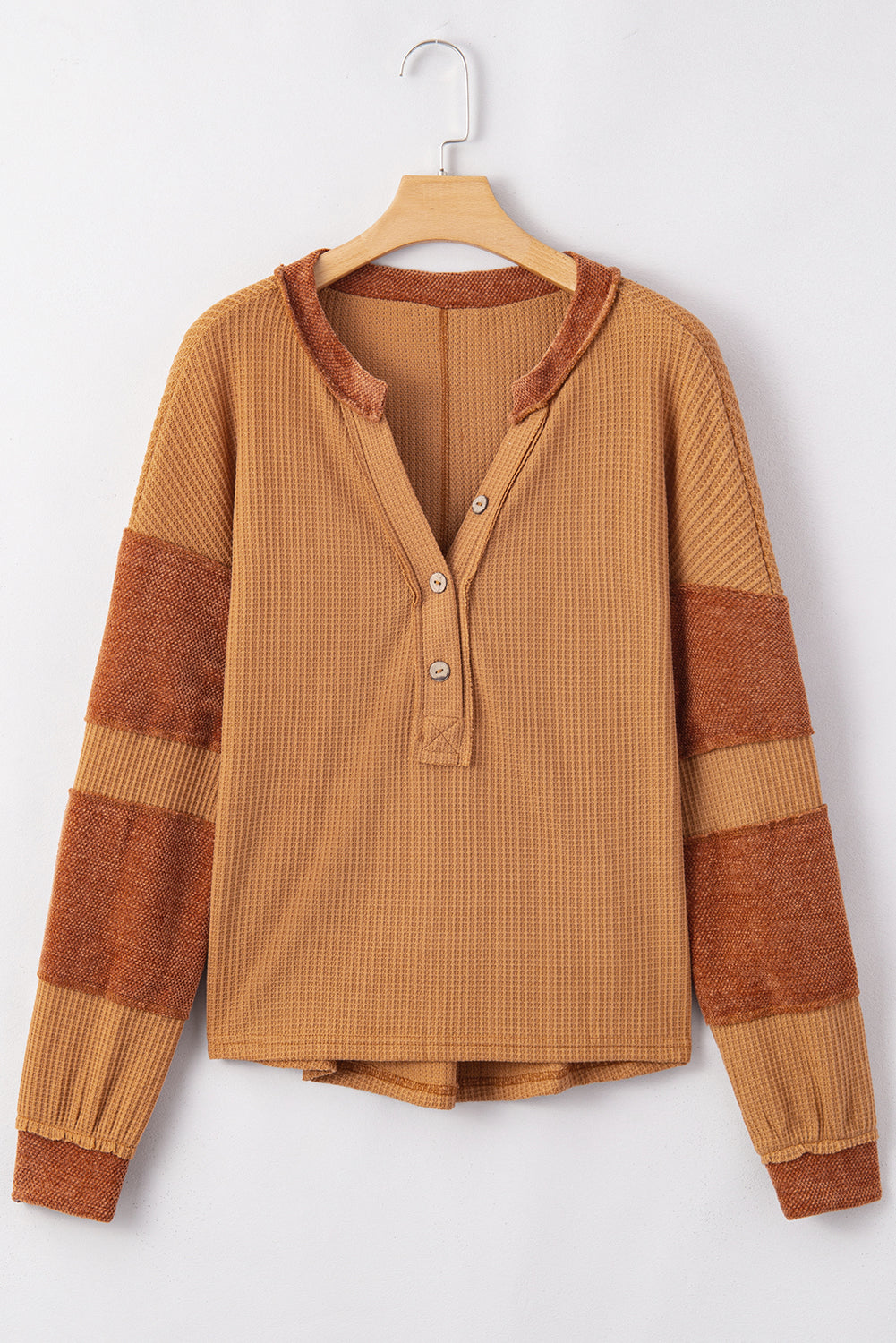 Orange Contrast Patched Exposed Seam Waffle Knit Henley Top