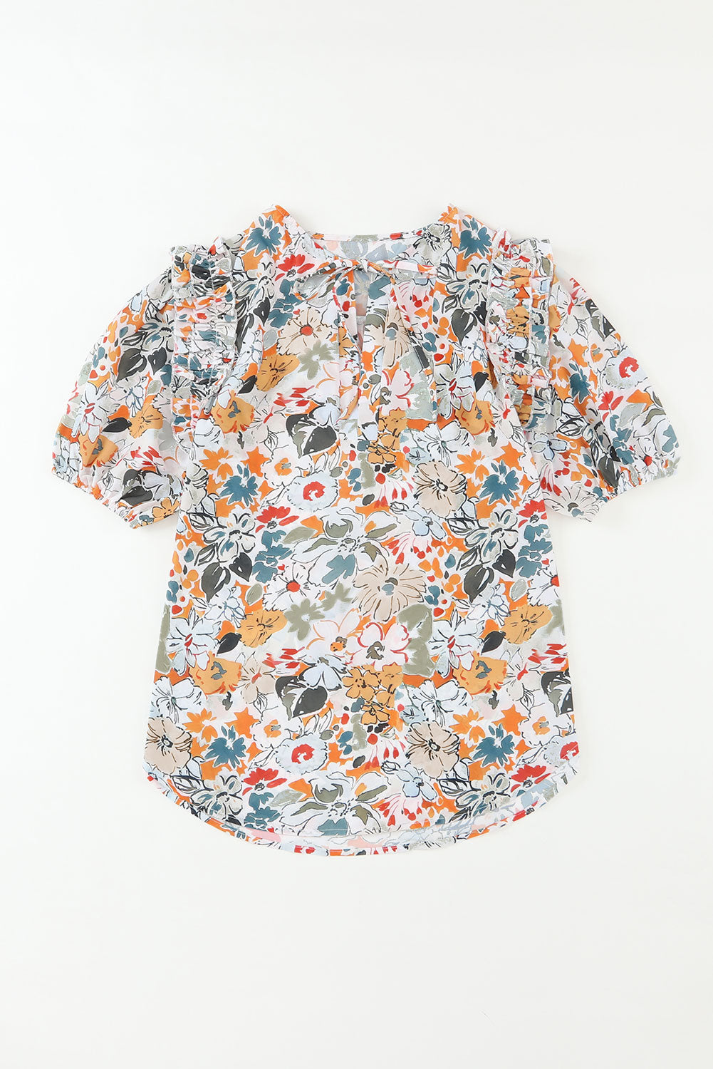 Multicolor Split V Neck Puff Sleeve Flower Print Blouse