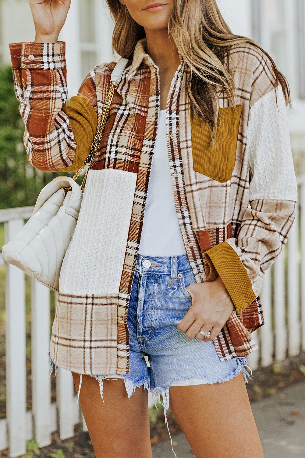 Orange Plaid Color Block Patchwork Shirt Jacket with Pocket