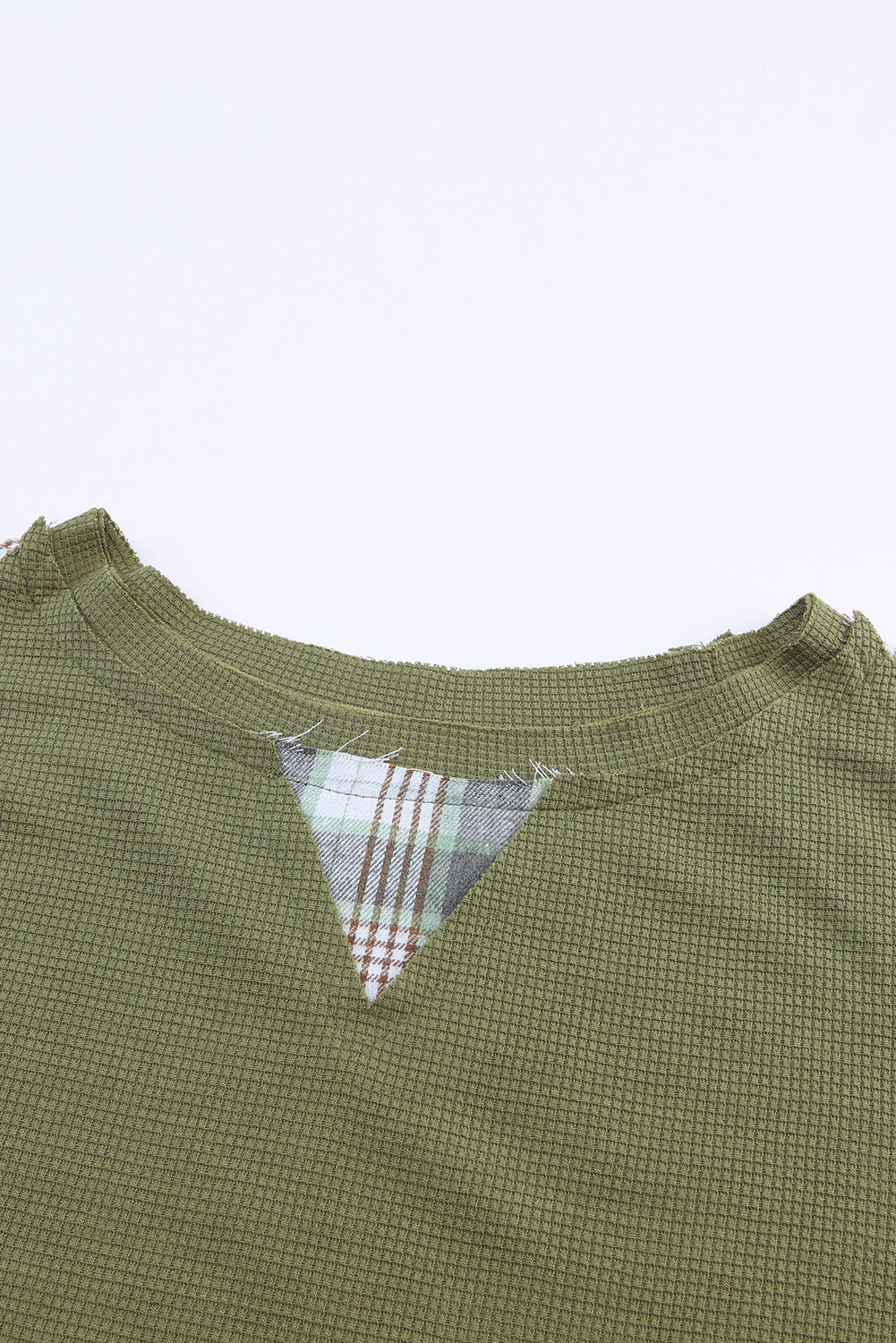 Green Plaid Patch Waffle Knit Exposed Seam Bubble Sleeve Top