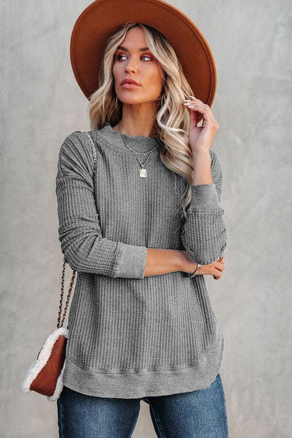 Gray Crew Neck Ribbed Trim Waffle Knit Top