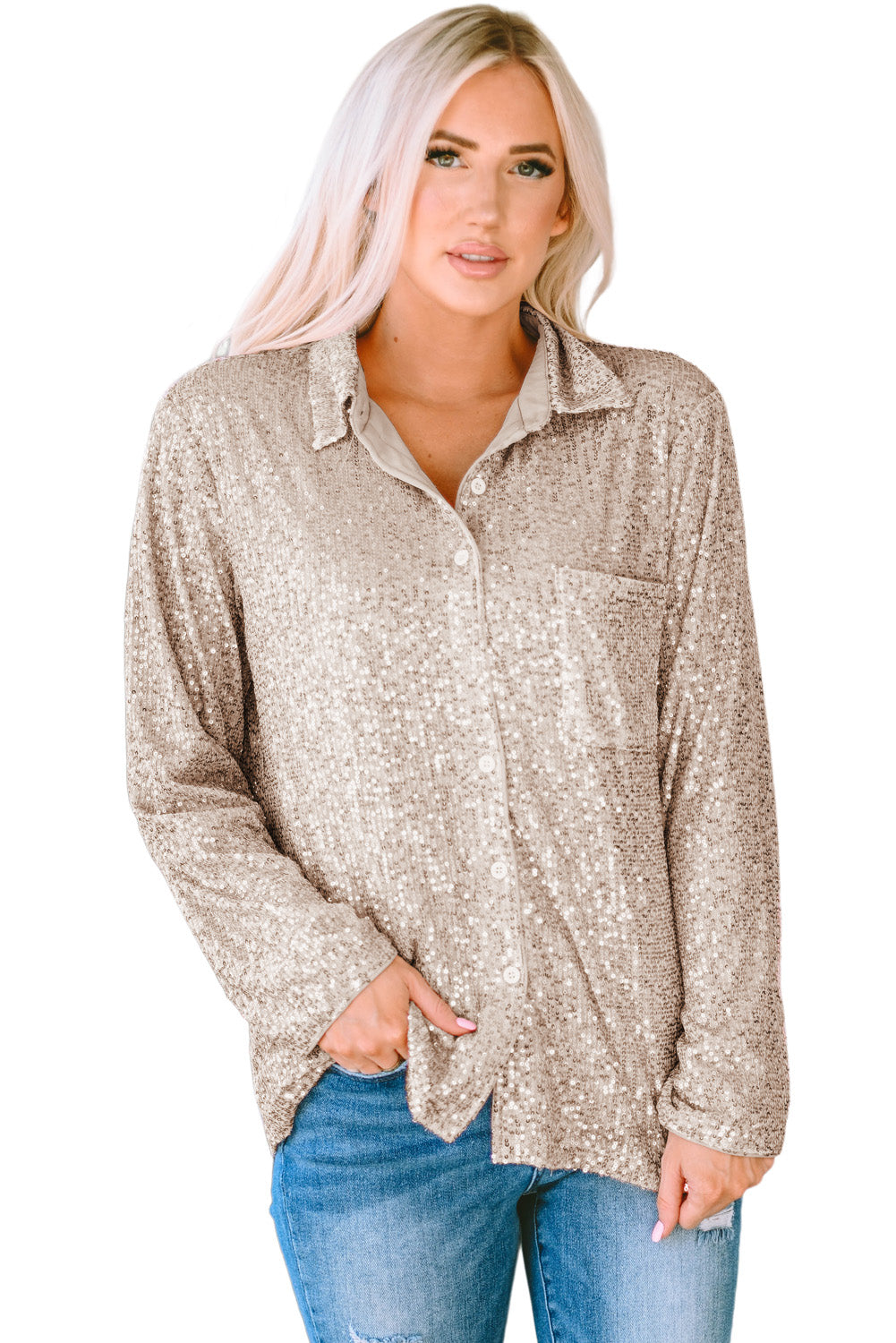 Apricot Sequin Collared Bust Pocket Buttoned Shirt