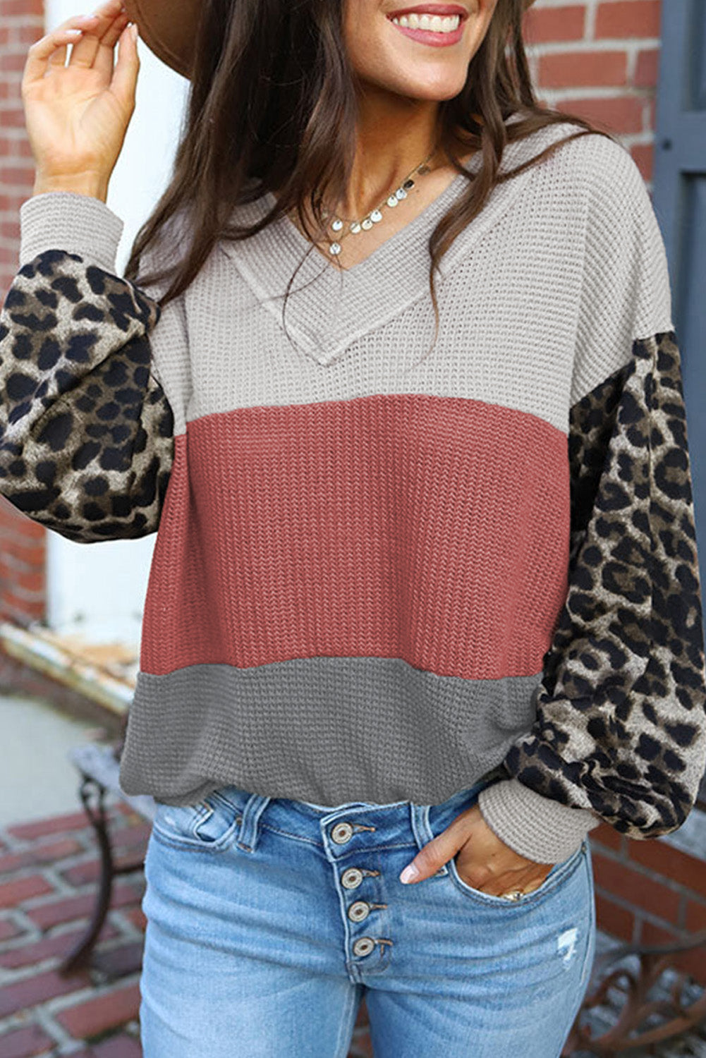 Red Wild Leopard Contrast Sleeve Colorblock Waffle Knit Top