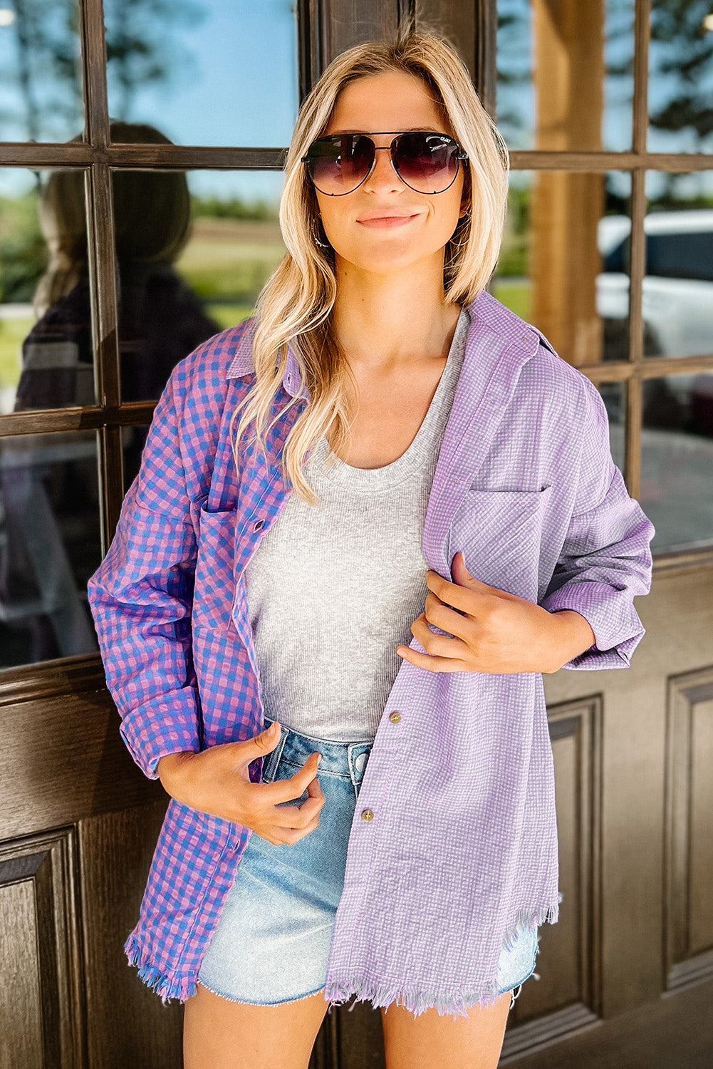 Purple Mixed Plaid Button Down Long Sleeve Chest Pocket Shirt