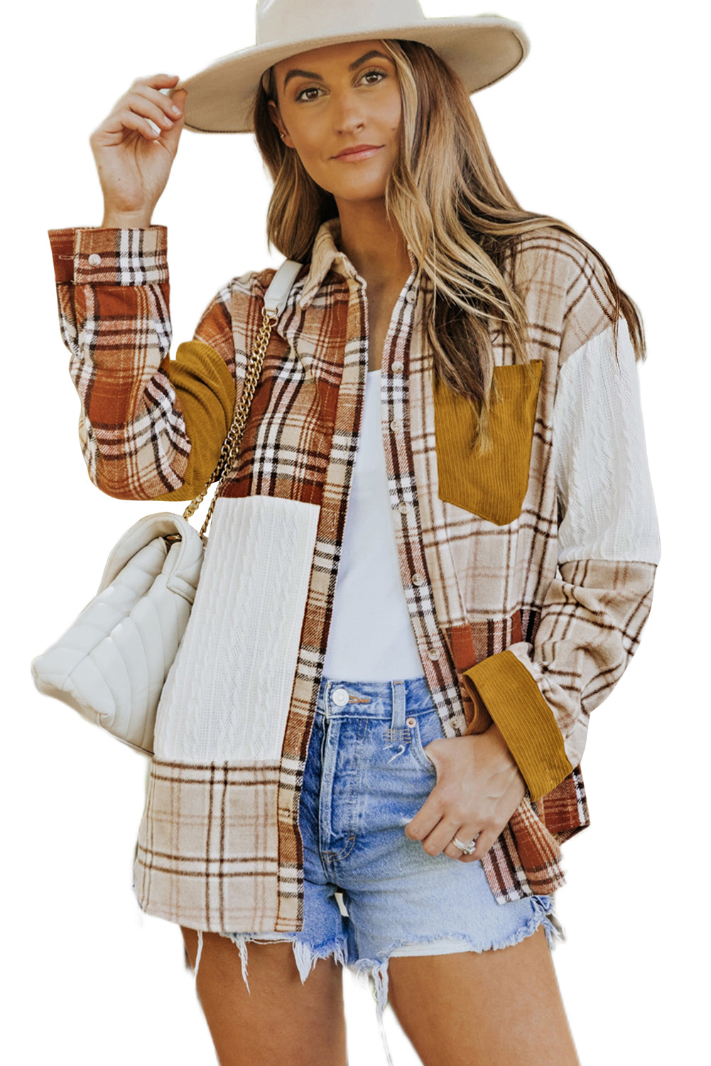 Orange Plaid Color Block Patchwork Shirt Jacket with Pocket