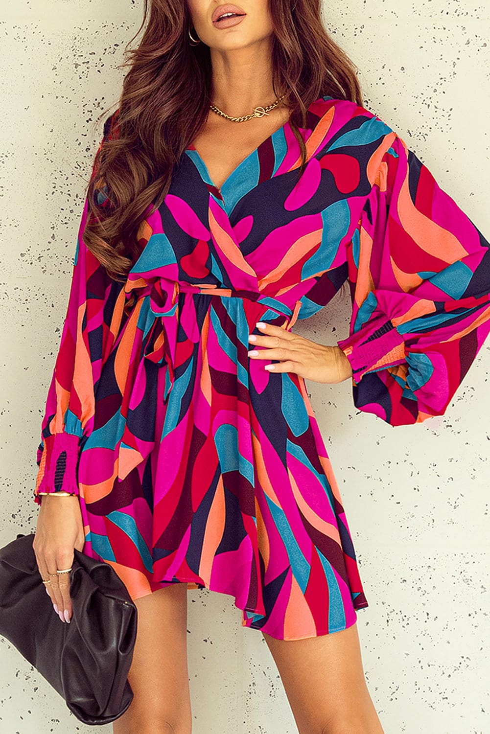 Red Abstract Printed Belted Puff Sleeve Mini Dress